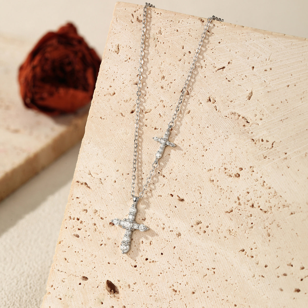 925 Sterling Silver Double Cross Moissanite Necklace