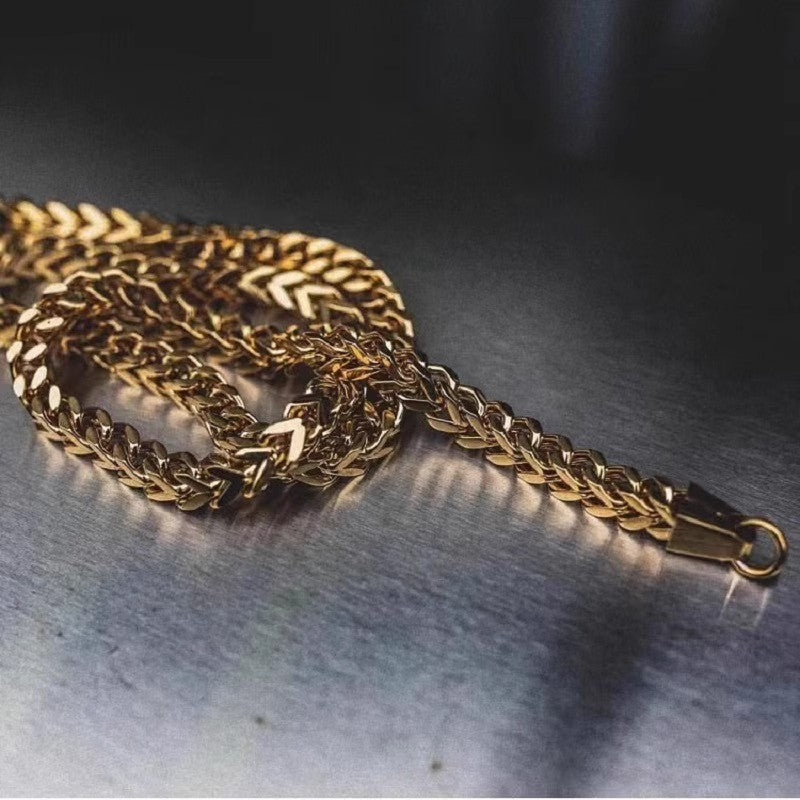 Planderful Jewelry Stainless Steel Mens Necklace 3mm Front Back Grind Hip Hop 18K Gold Plated