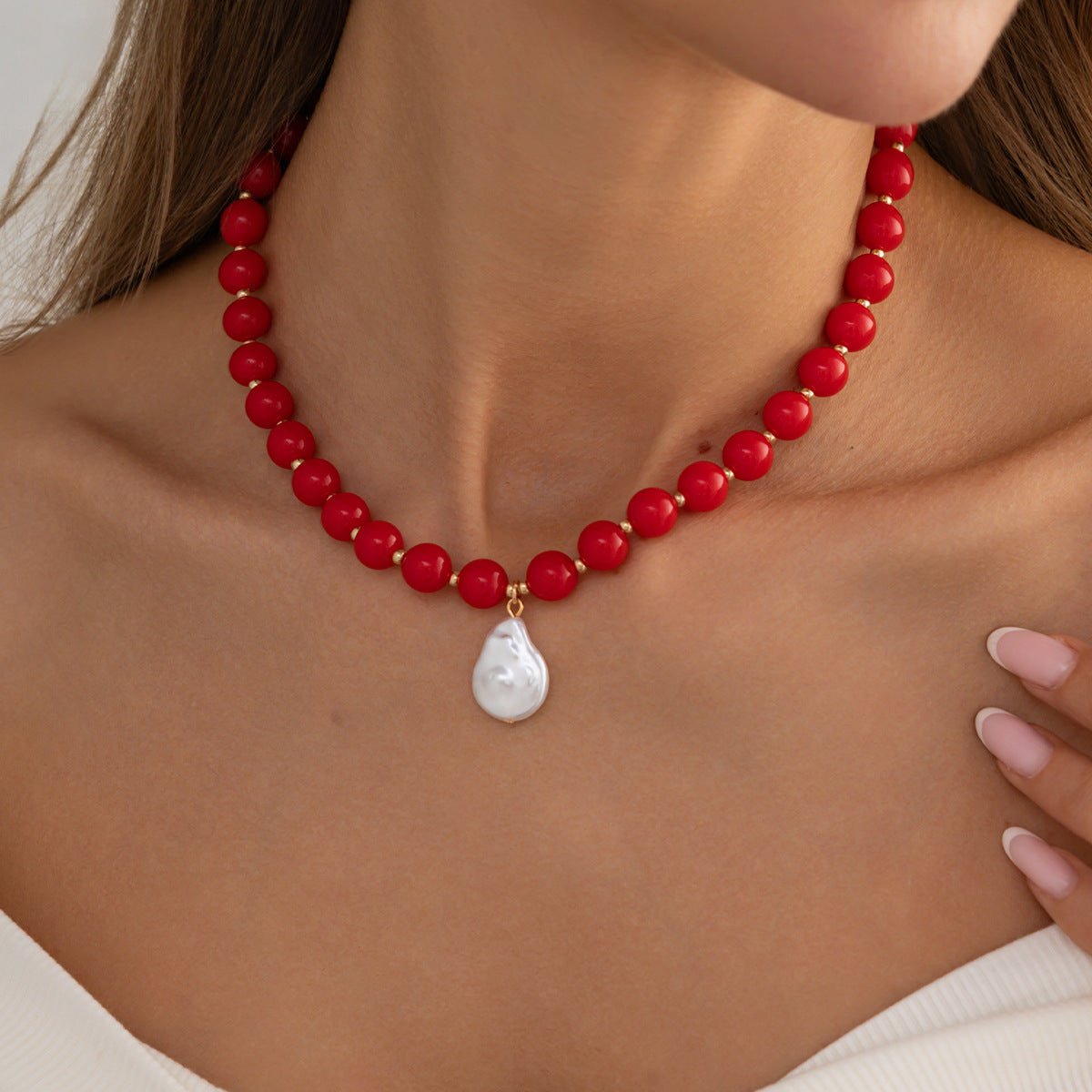 Colored Round Beads Pearl Necklace Dopamine Beaded Holiday Wind Necklace