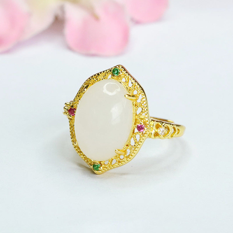Exquisite Oval White Jade Ring with Zircon Hollow Halo