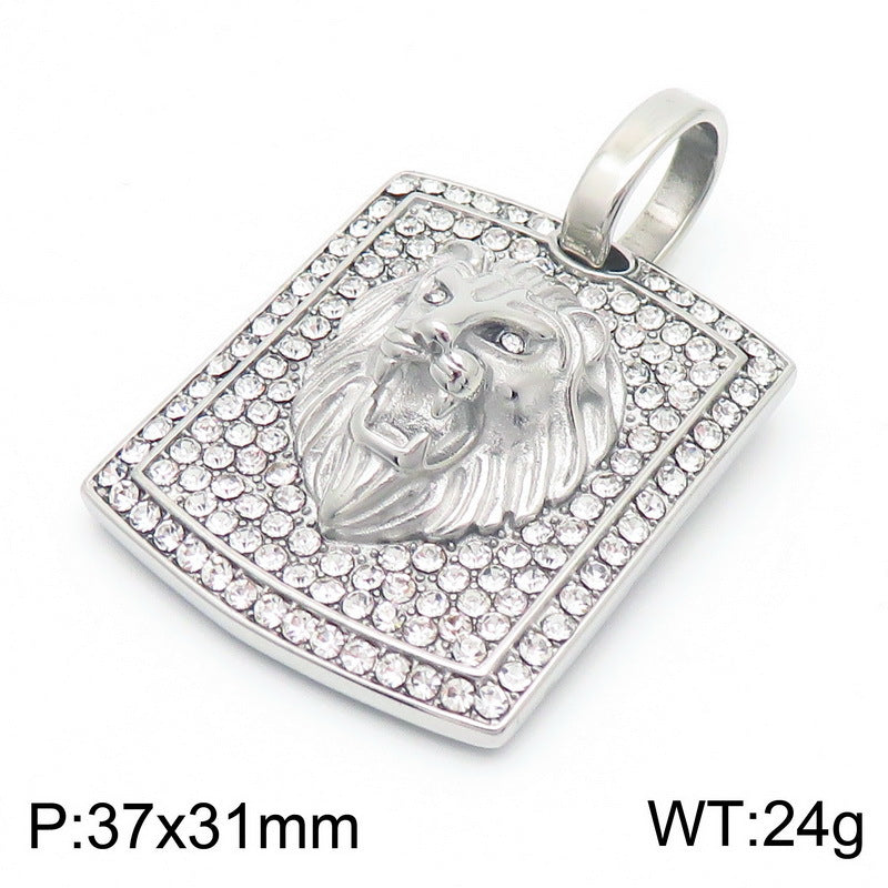 Hip-Hop Style Stainless Steel Lion Head Pendant with Zircon Accents for Men