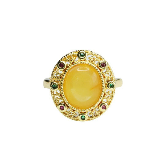 Hollow Honey Amber Zircon Silver Ring with Beehive Charm