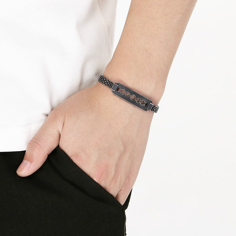 Men's Daily – Minimalist Woven Chain Curved Bar Blade Stainless Steel Bracelet Men