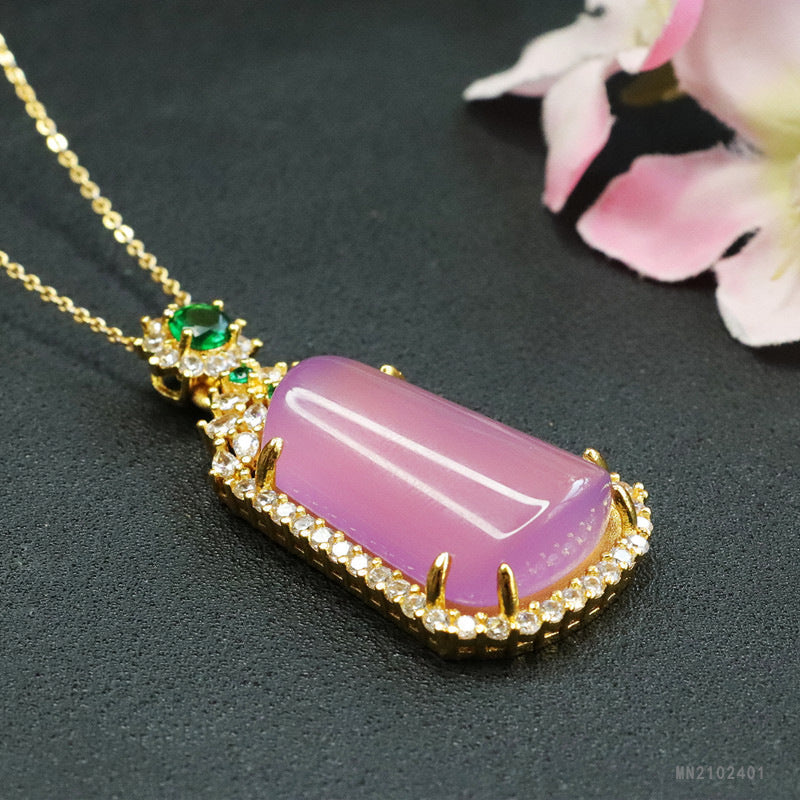 Pink Chalcedony Trapezoid Peace Plaque Pendant — No Chain