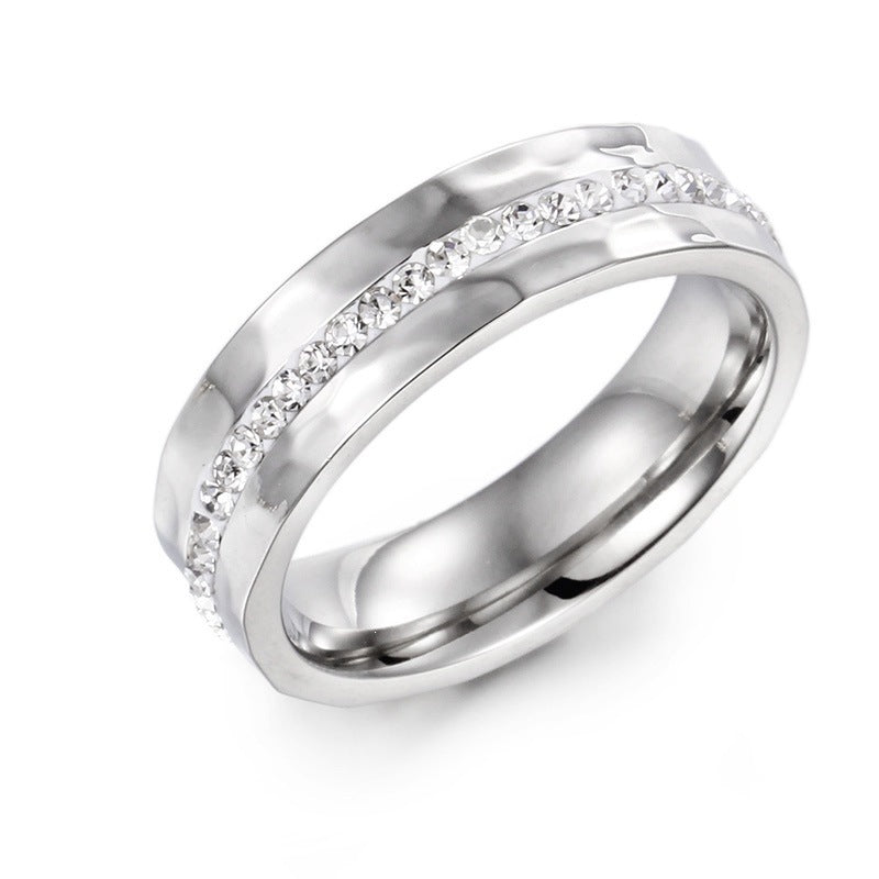 Hammer Texture Inlaid Zircon Titanium Steel Couple Ring, Stainless Steel Pair Ring Valentine's