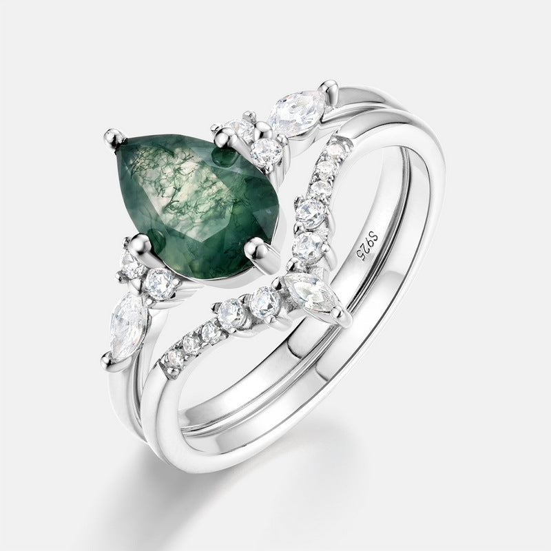 Planderful Jewelry Green Moss Agate Water Drop Ring In Sterling Silver V Shape For Elegant Stacking Set