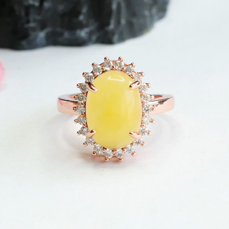 Golden Halo Amber Ring with Honey Wax Beeswax Gem in Sterling Silver