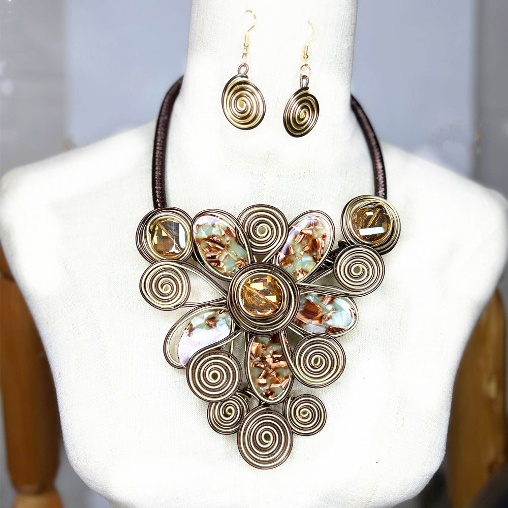 Exaggerated Handmade Baroque Style Aluminum Wire Plate Necklace and Earring Set- Savanna Rhythms Collection