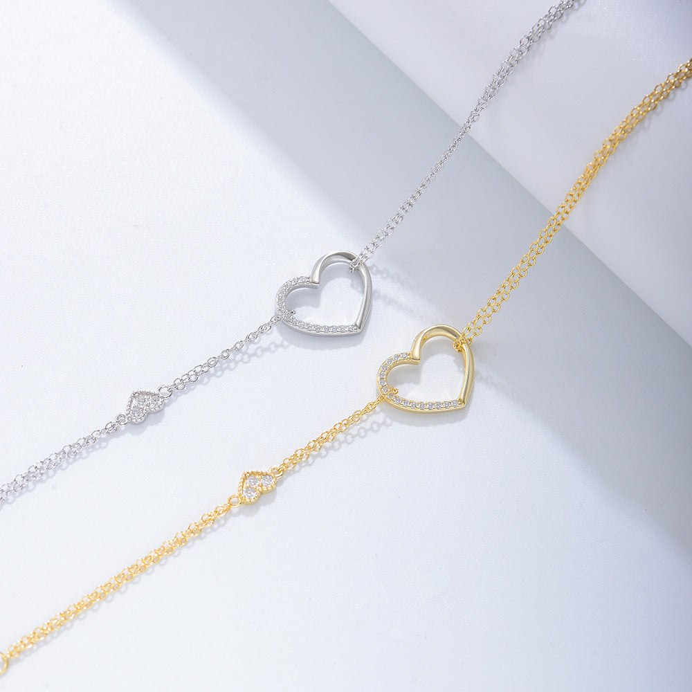 S925 Sterling Silver Zircon Heart Bracelet Planderful For Women Double Layer Elegant Jewelry