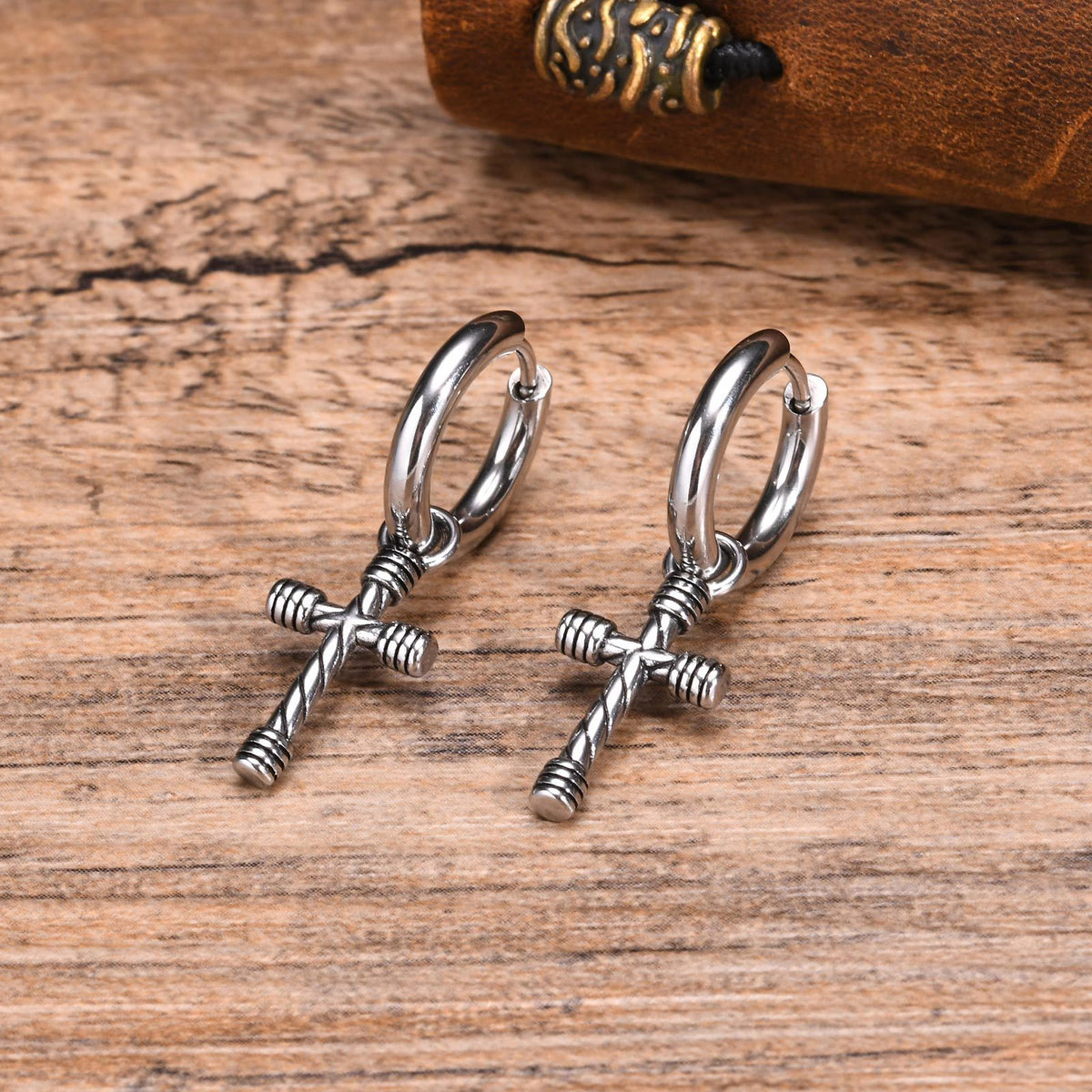 Rugged Cross Hoop Earring — Silver Single
