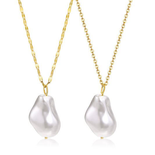 Stainless Steel Baroque Pearl Pendant Necklace and Pearl Gold Earrings