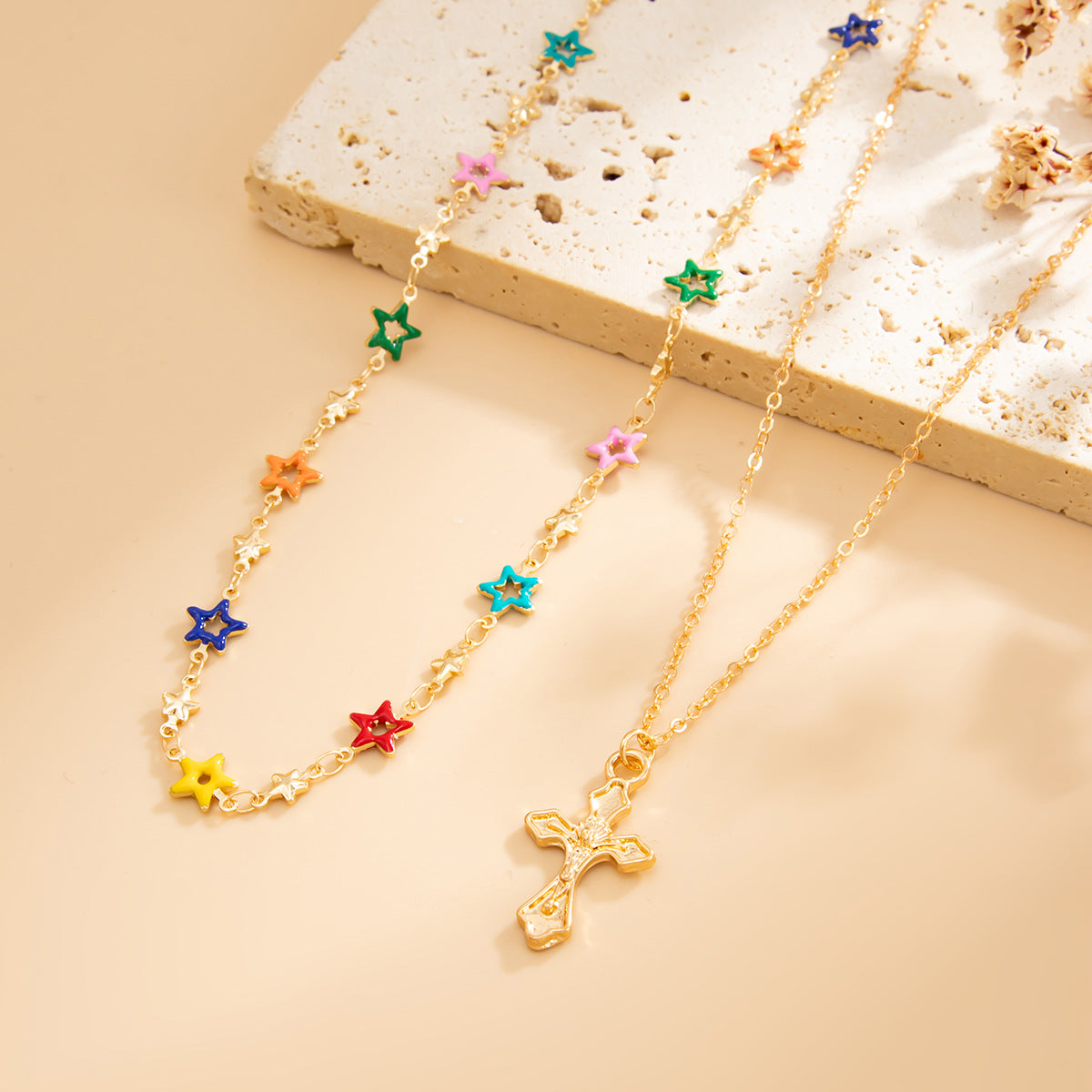 Colorful Floral Cross Layered Necklace