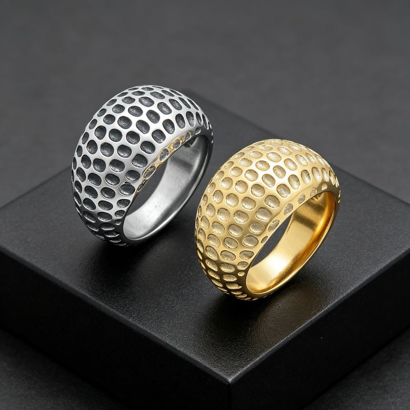 17mm Polka Dot Hammer Spherical Ring Punk Vintage Casting Meteorite Stainless Steel Men's