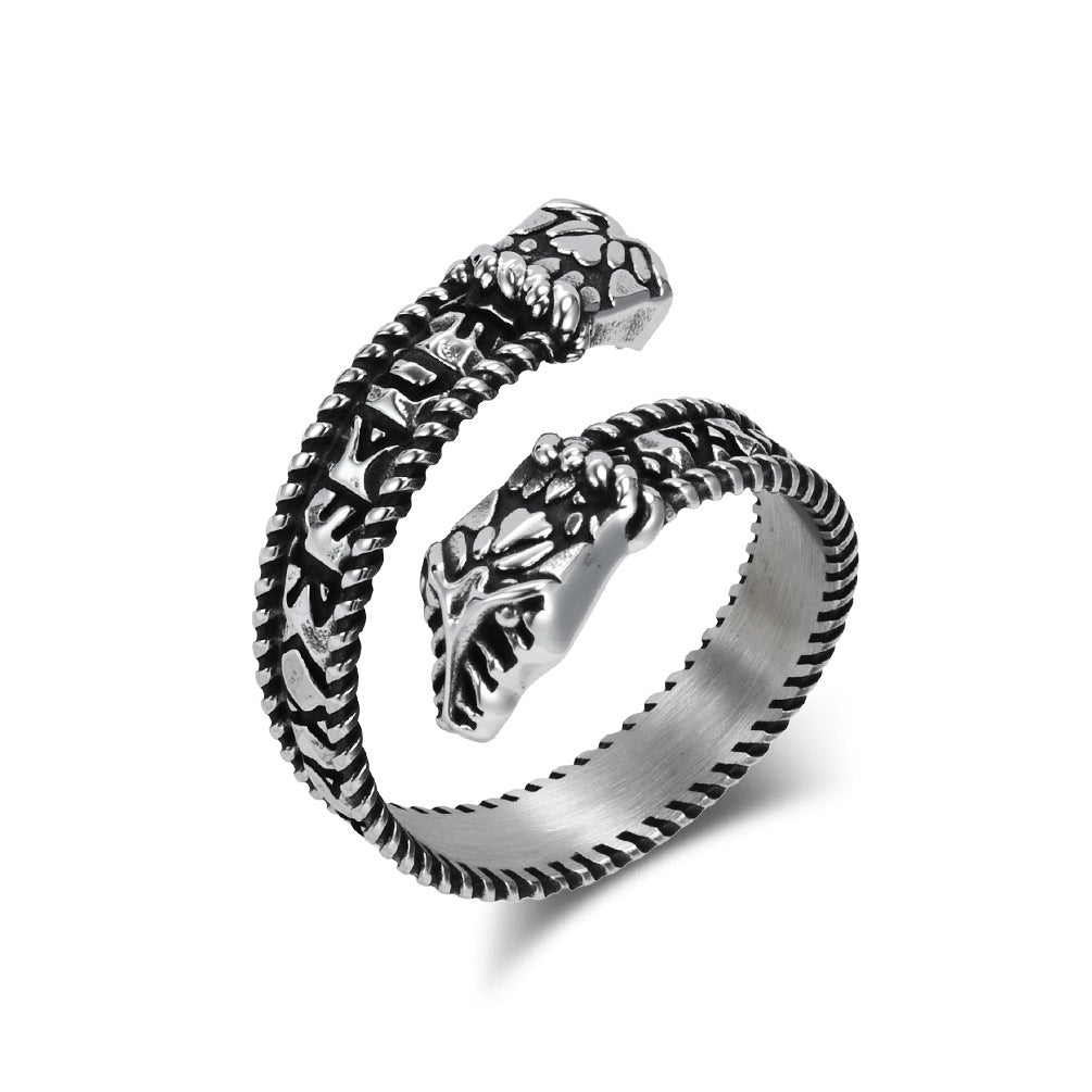 Planderful Viking Double Headed Snake Ring Durable Titanium Steel Retro Rune Unisex Hand Jewelry