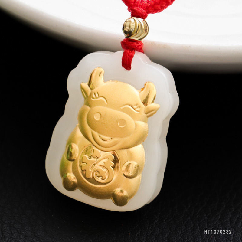 Hetian Jade Golden Ox Pendant with Cord