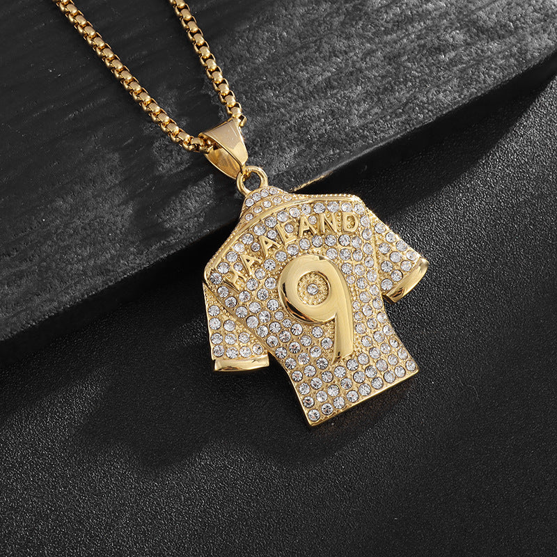 Planderful Bold Hip Hop Necklace Titanium Steel Gold Plated Zircon Football Jersey No 9 Pendant For Men