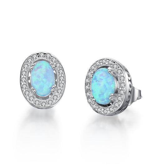 Planderful Jewelry Sterling Silver Opal Stud Earrings With Blue Oval Opal And Zircon Halo