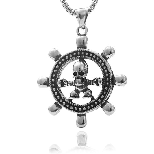 Titanium Steel Skull Pendant Necklace for Men - Retro Punk Style with Rudder Design
