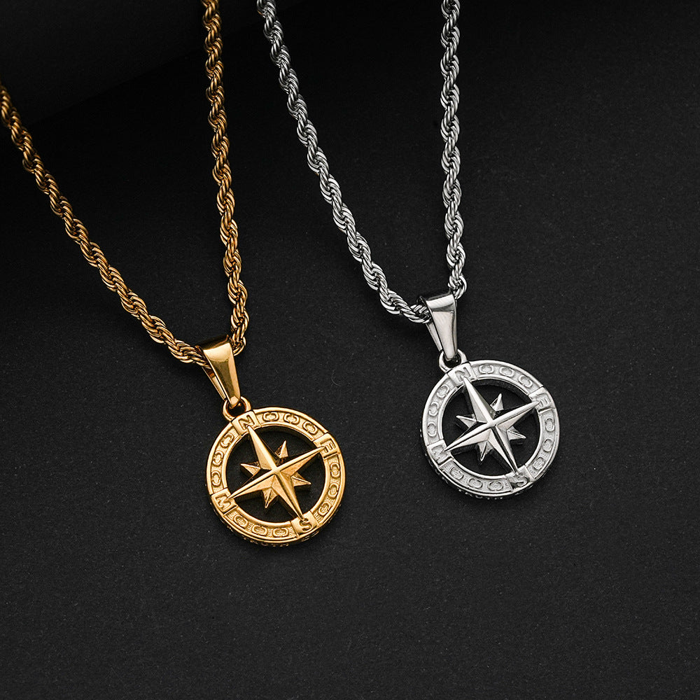 Planderful Collection Stainless Steel Compass Necklace Hollow Round Pendant For Hip Hop Fans Stylish