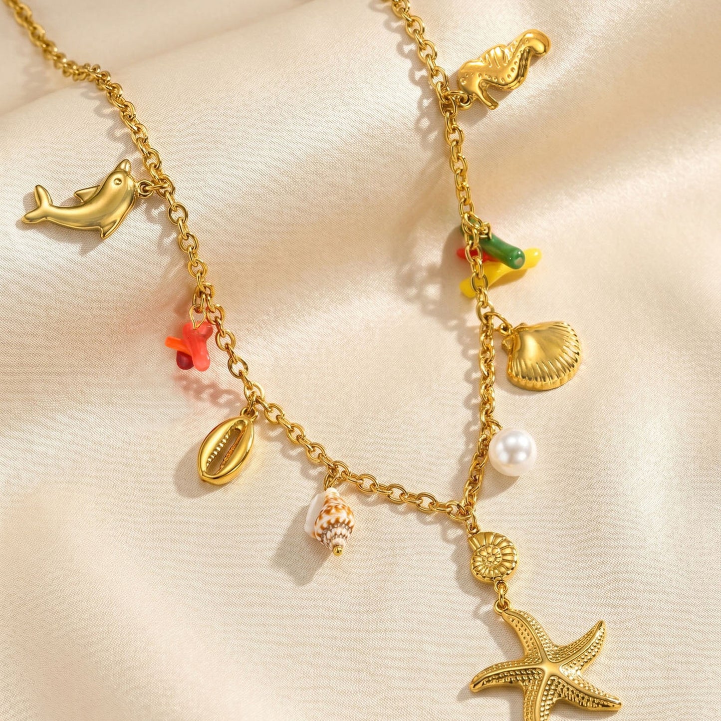 Summer Ocean Wind Dopamine Ladies Stainless Steel Conch Starfish Shell Imitation Pearl Necklace