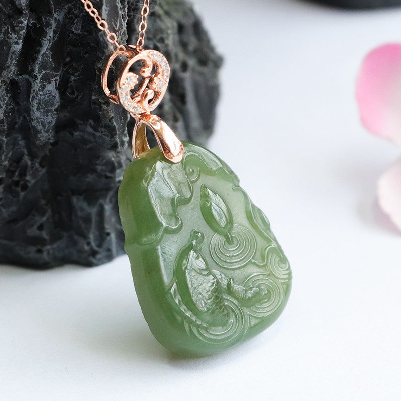 Hetian Jade Lotus Fish Pendant Sterling Silver Necklace from Planderful Fortune's Favor Collection