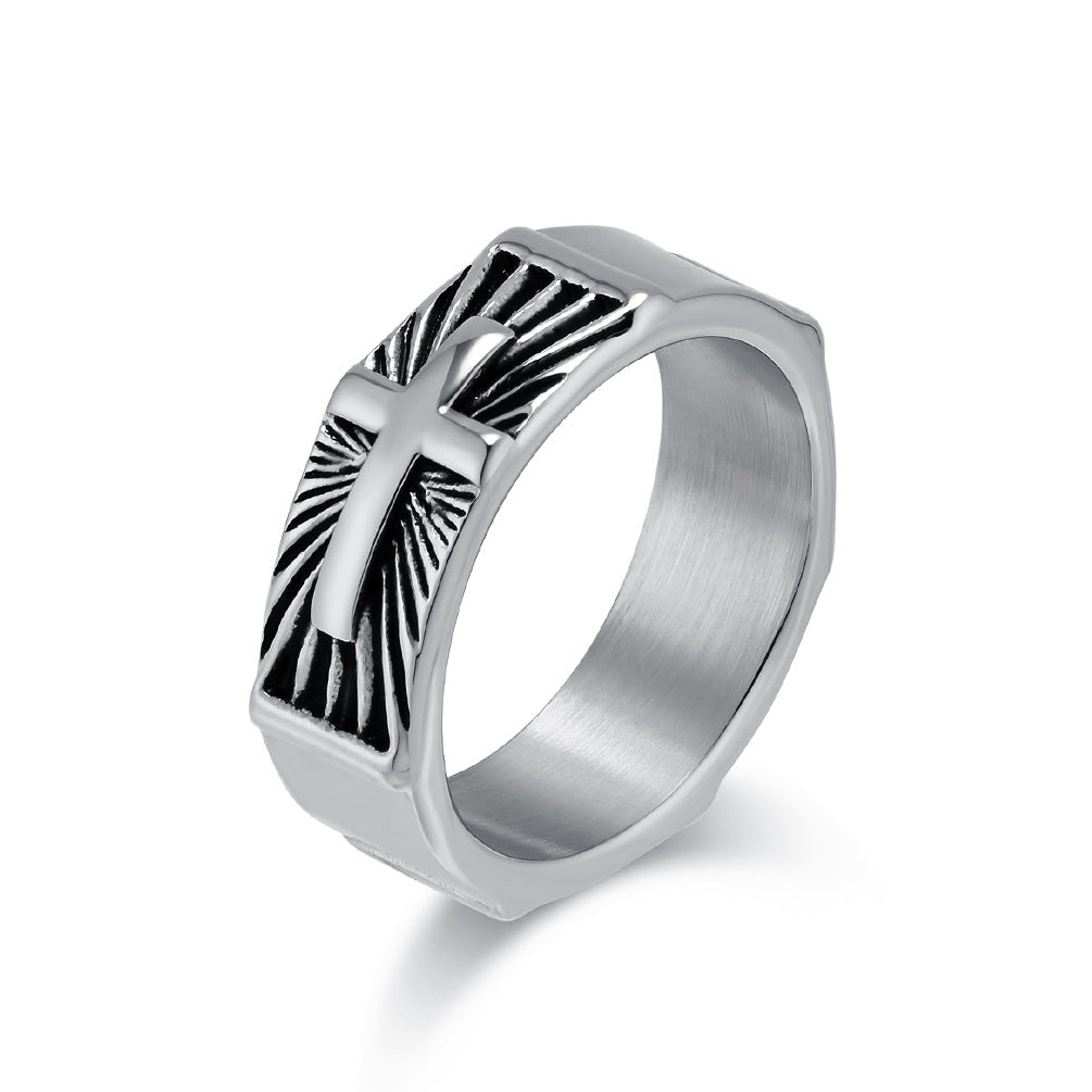 Cross-Border Retro Titanium Steel Cross Ring for Men