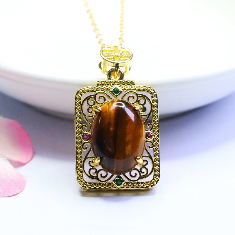 Yellow Tiger Eye Openwork Square Pendant — No Chain