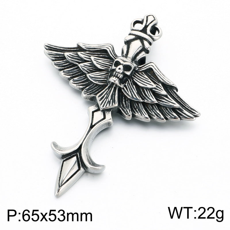 Fallen Angel Pendant Punk Goth Skull Wings Cross Sword Wings Stainless Steel Men's Necklace
