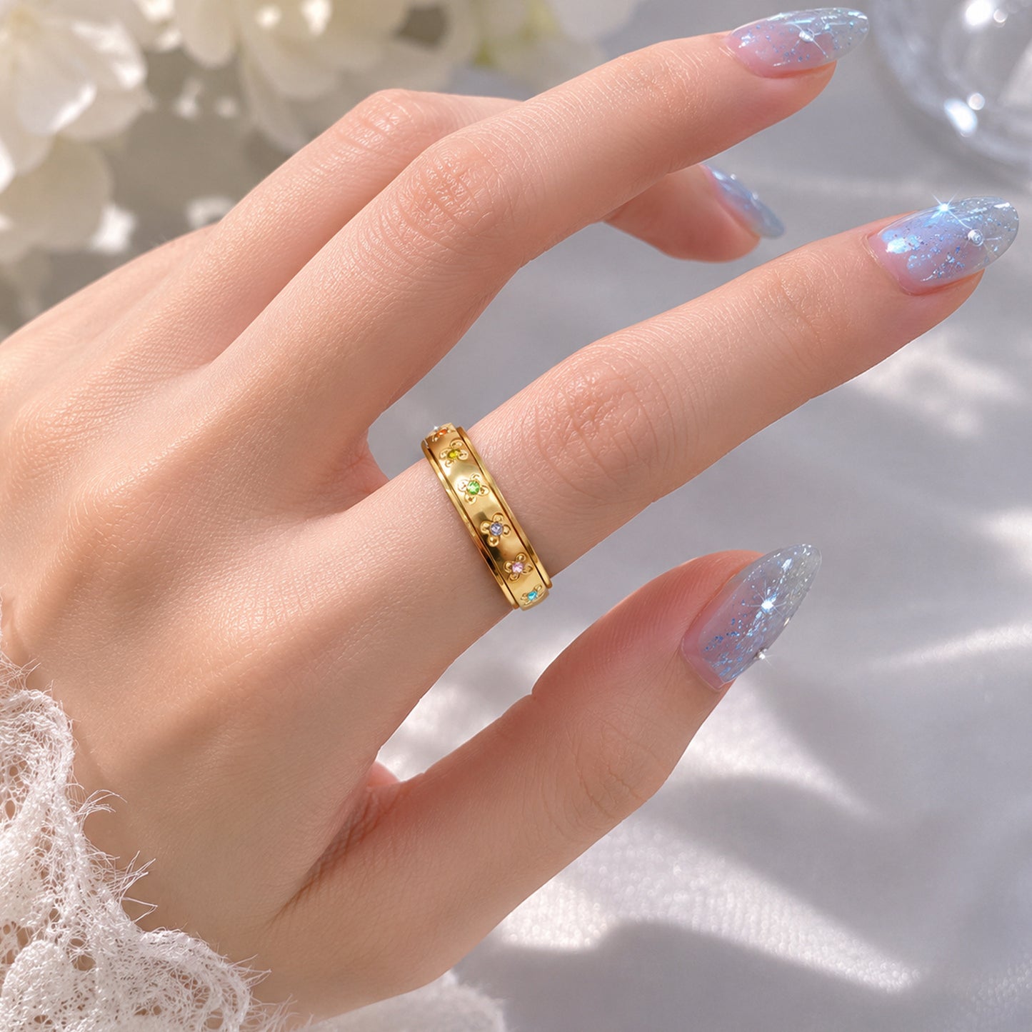 Planderful Rotatable Decompression Ring Stainless Steel Zircon Flower For Couples Unisex