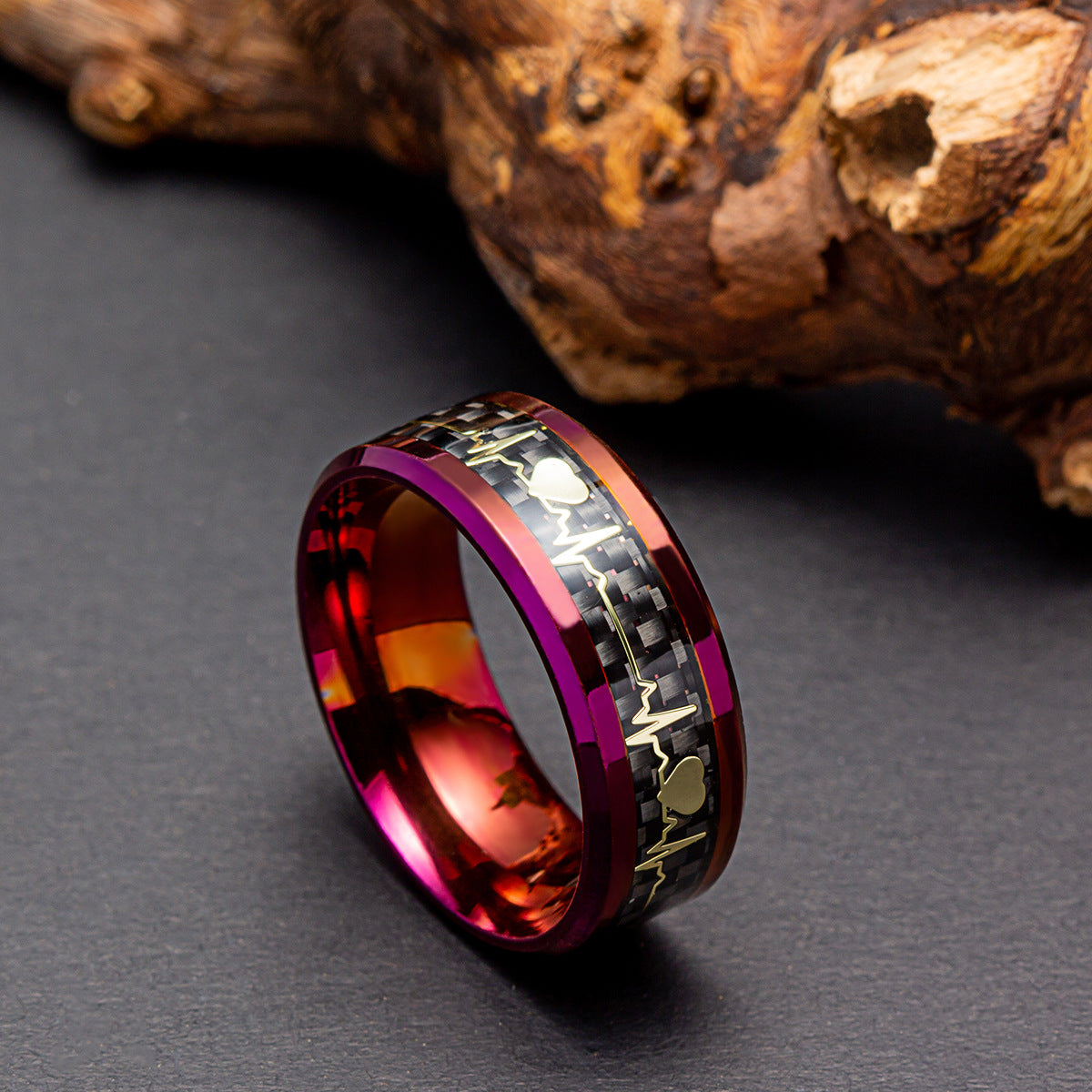 ECG Heartbeat 8mm Carbon Fiber Ring For Valentines Day Couples Unisex Titanium Steel By Planderful Everyday Genie