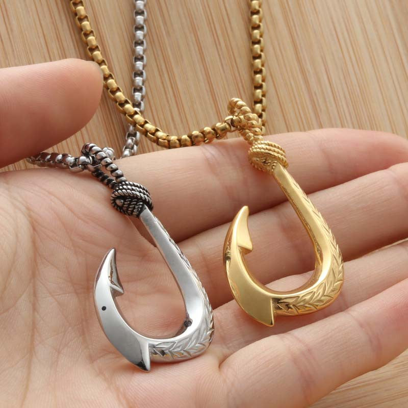 Personalized Titanium Steel Fish Hook Pendant Necklace for Men - Retro Punk Style Marine Design