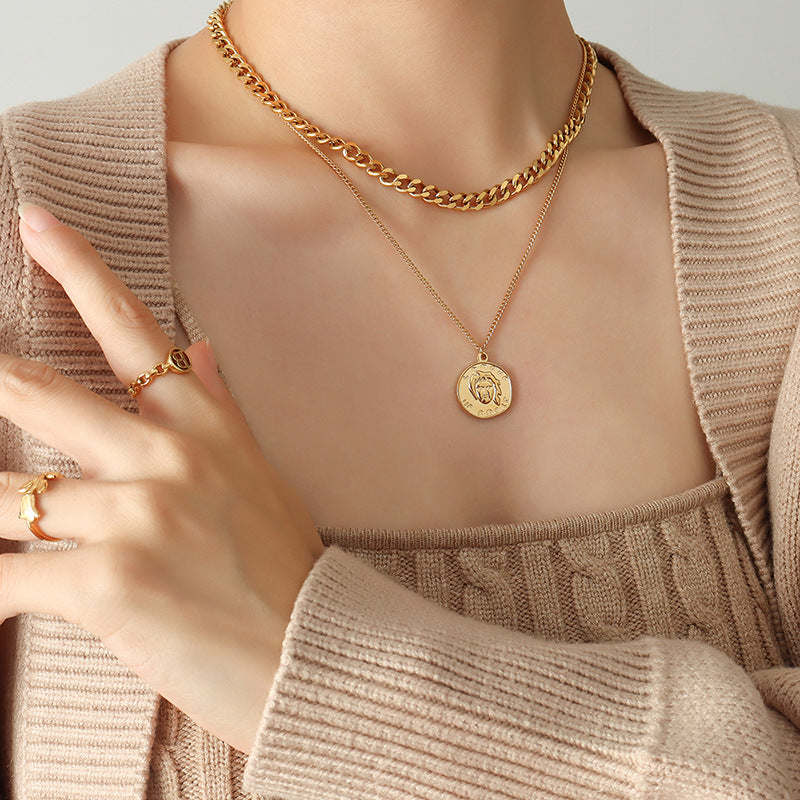 Gold-Plated Double-Layer Portrait Necklace with Trendy Design for Women