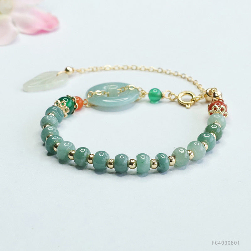 Blue Water Jadeite Leaf & Peace Ring Bracelet