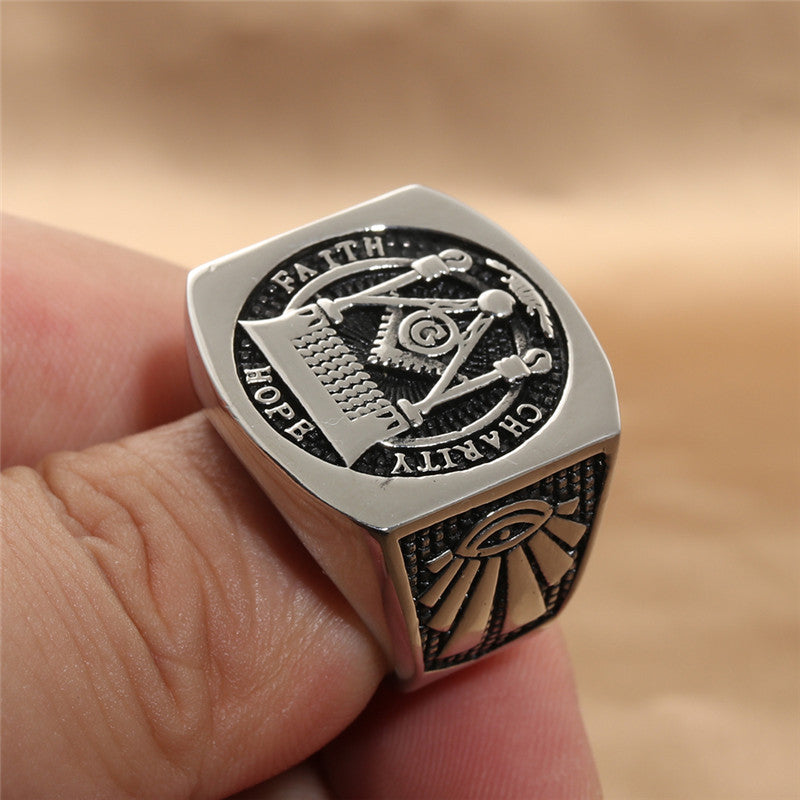 Trendy Titanium Steel Masonic Ring for Men - Retro Stainless Steel Letter Accessory