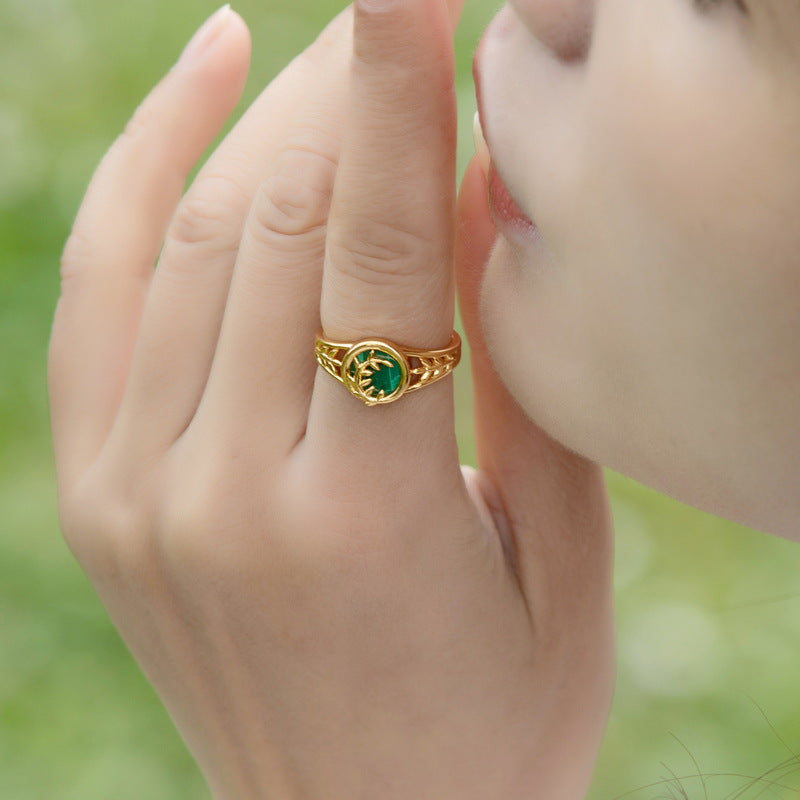Round Shape Malachite Willow Leaf Opening Sterling Silver Ring