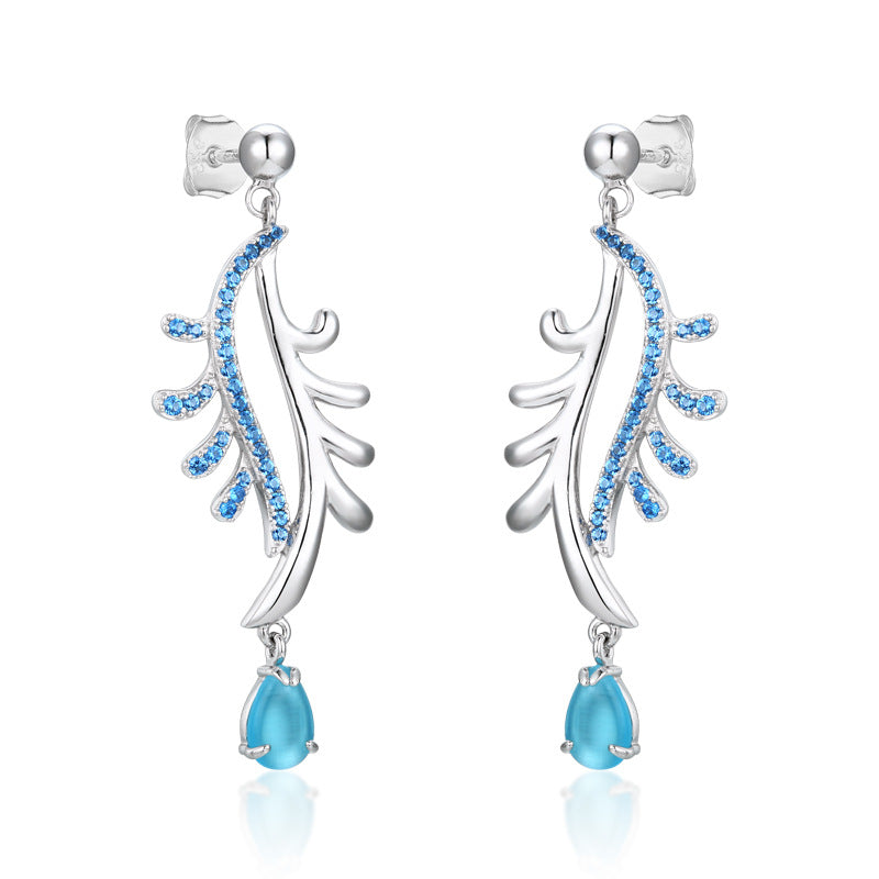 925 Sterling Silver New Chinese Temperament Earrings Blue Cat Eye