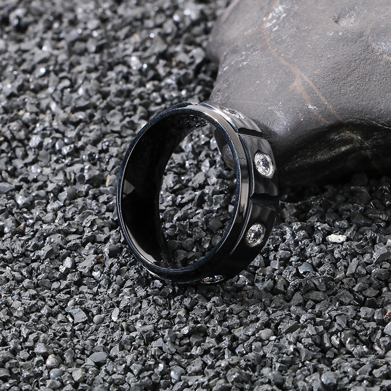 Planderful Mens Titanium Steel Ring Zircon 8mm Hip Hop