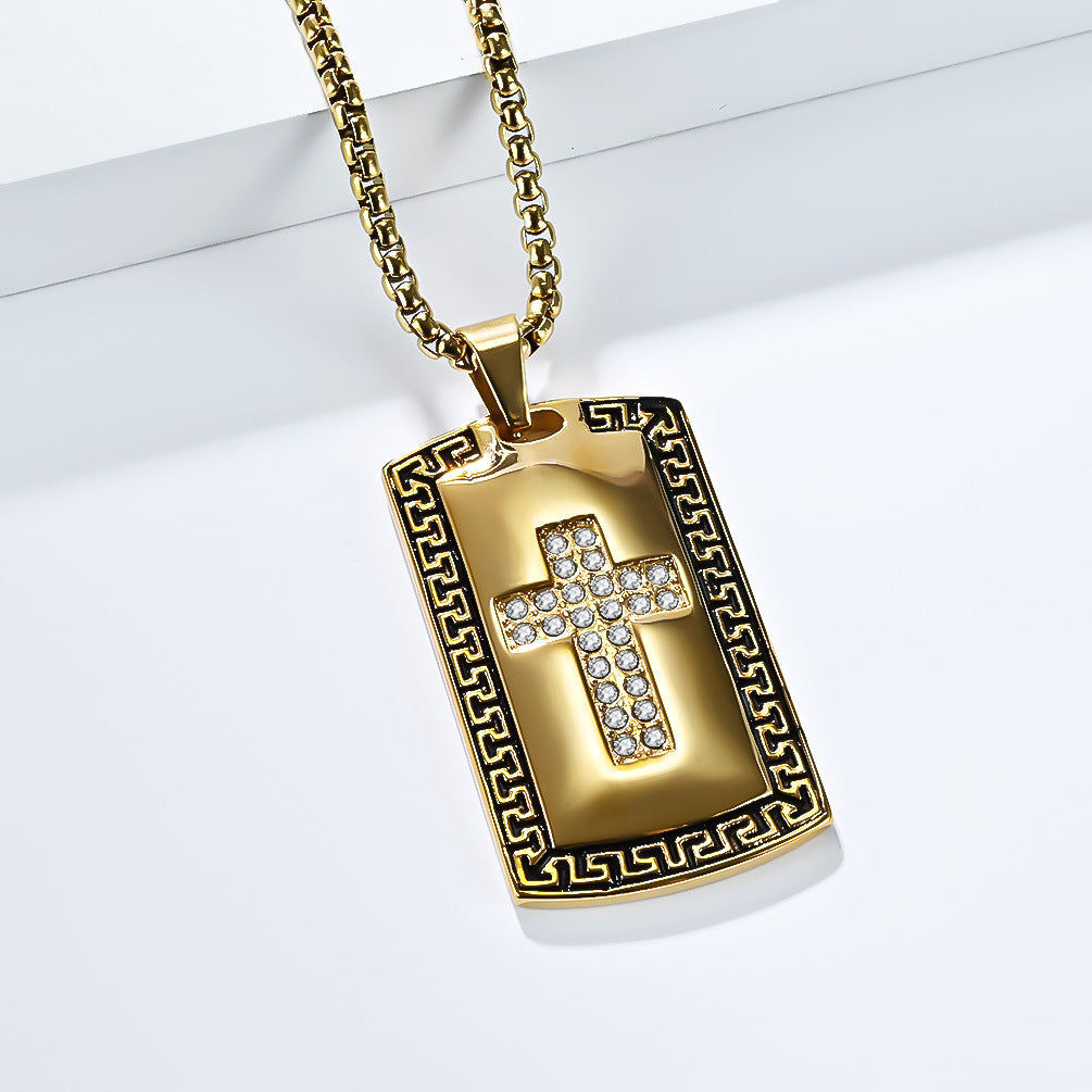 Planderful Cross Necklace For Men Titanium Steel Great Wall Pattern Bold Army Style Niche Personality Pendant