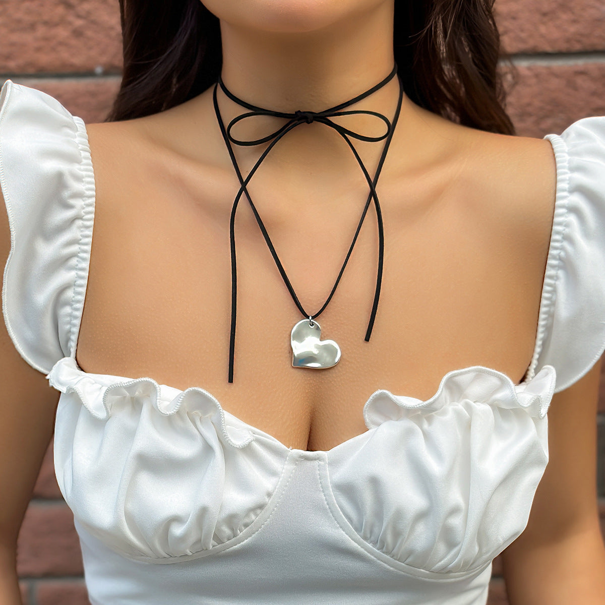 Exaggerated Heart-shaped Pendant Necklace with Tassel Detail, Boho Chic Flannel Long Necklace