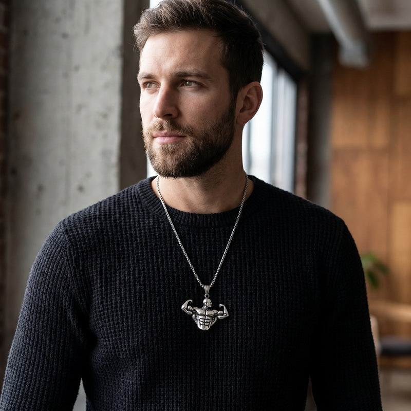 Popular Sports Fitness Muscle Men's Retro Arm Lift Abdominal Muscles Stainless Steel Men's Necklace
