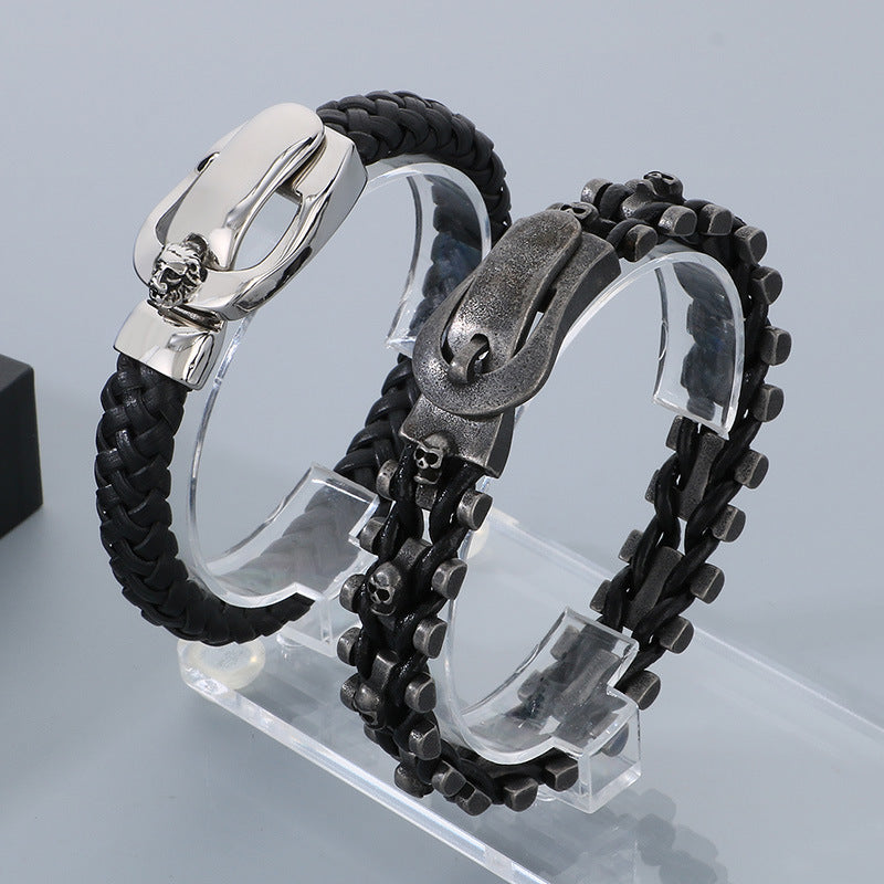 Punk Retro Skull Braided Leather Bracelet with Cross-Border Lion Head Belt Buckle for Men