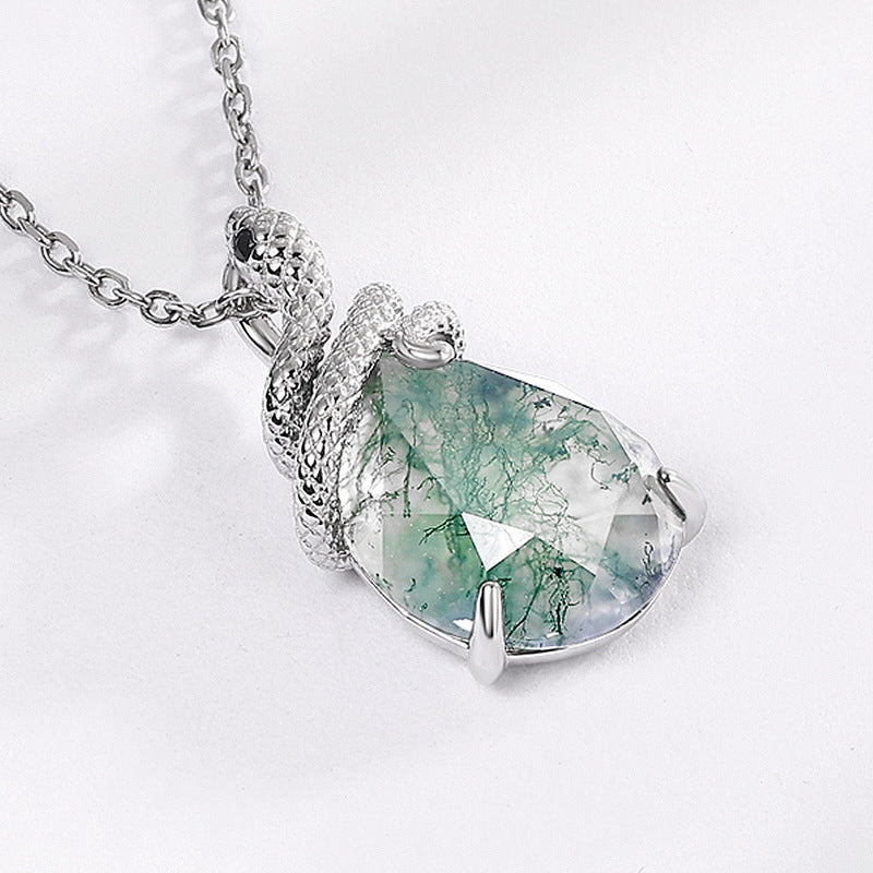S925 Sterling Silver Moss Agate Snake Pendant Necklace