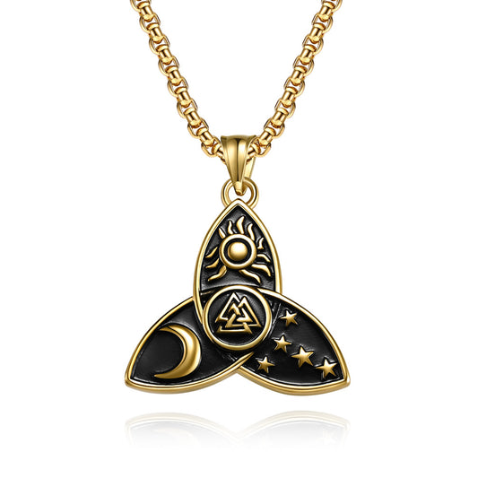 Planderful Nordic Celtic Triangle Knot Necklace Titanium Steel Pendant For Mythical Odin Star Moon Sun Trinity Lovers