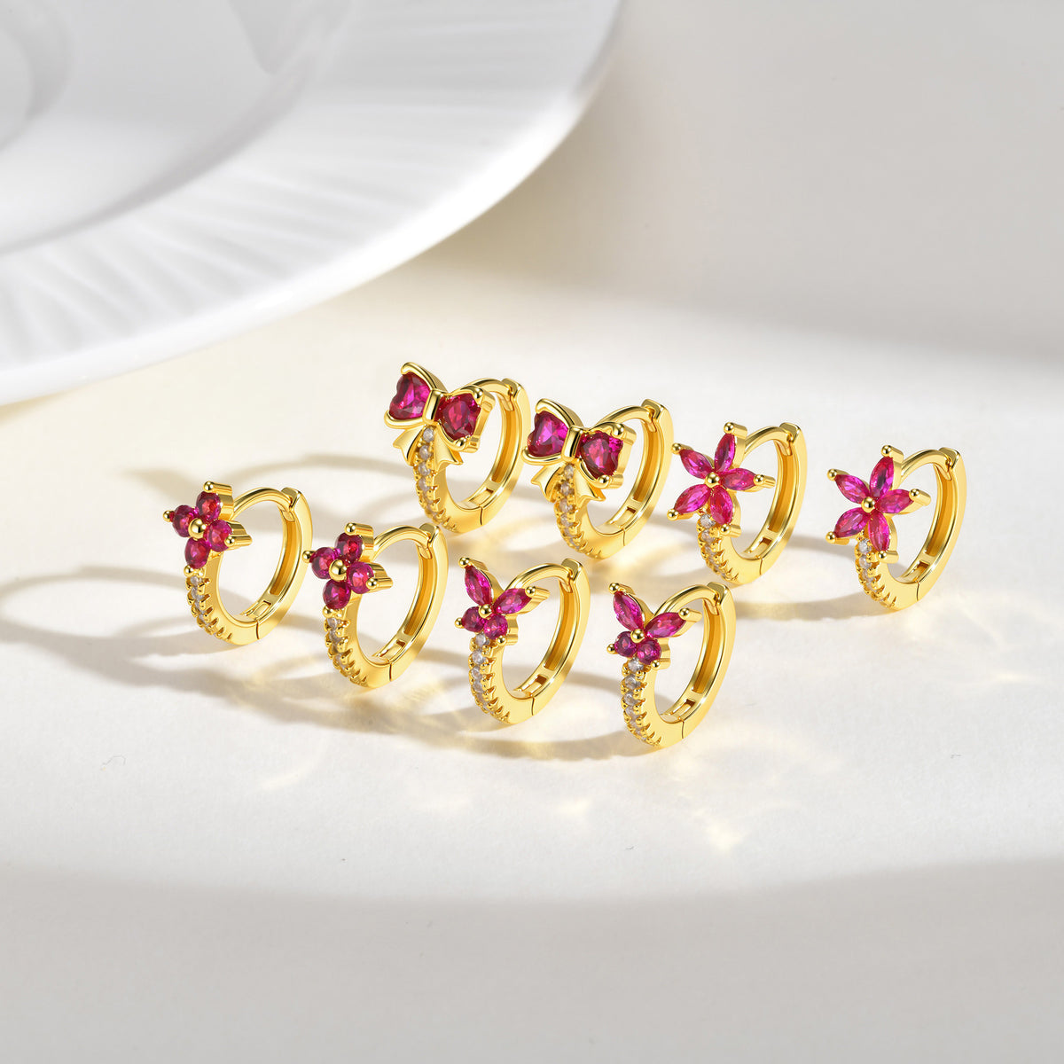 Floral Cat Zircon Earrings — Four Designs, Five Stone Colors