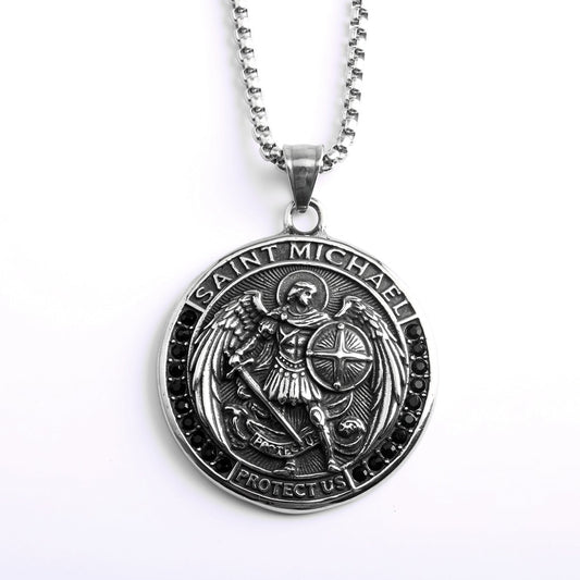 Vintage St. Michael Angel Stainless Steel Men's Pendant Necklace