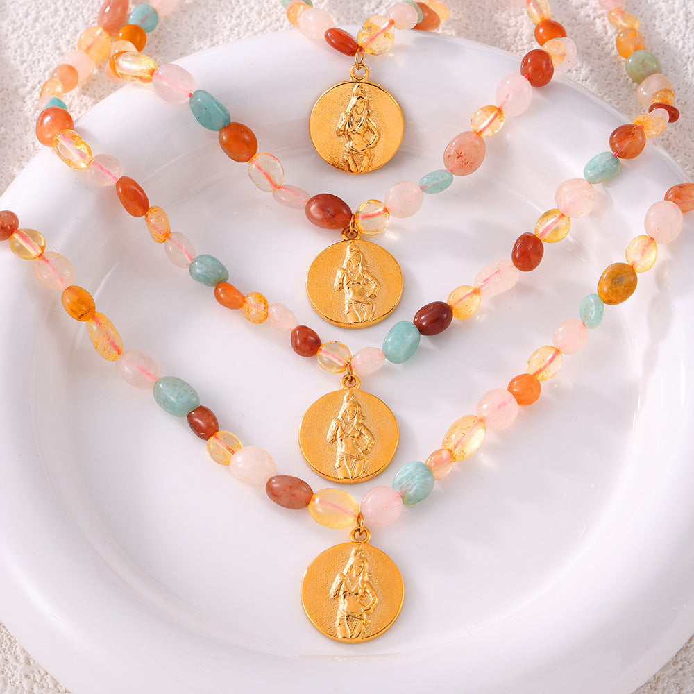 Handcrafted Titanium Steel Necklace with Natural Stone Beads