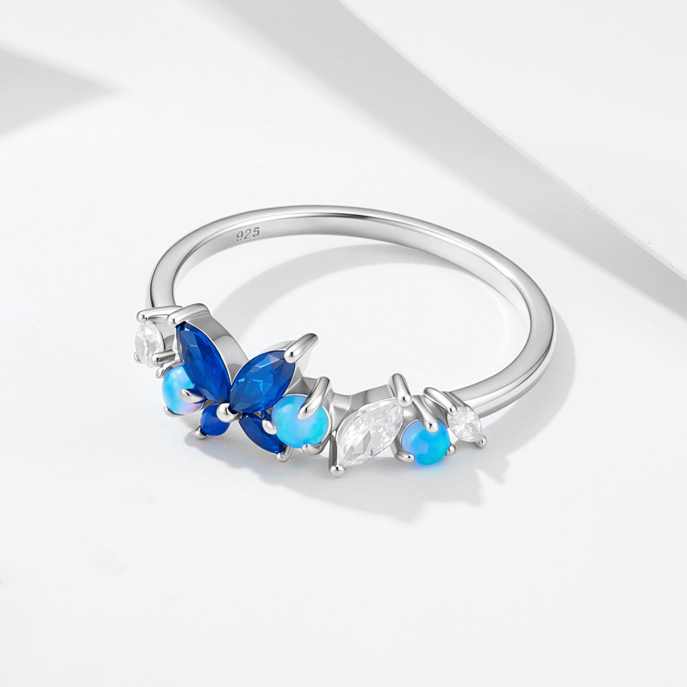 S925 Sterling Silver Zircon Opal Butterfly Ring