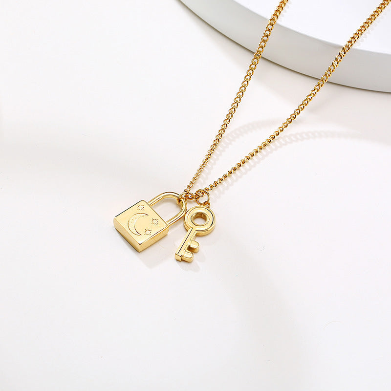 Jewelry Stainless Steel Key Lock Necklace Gold Ladies Fashion