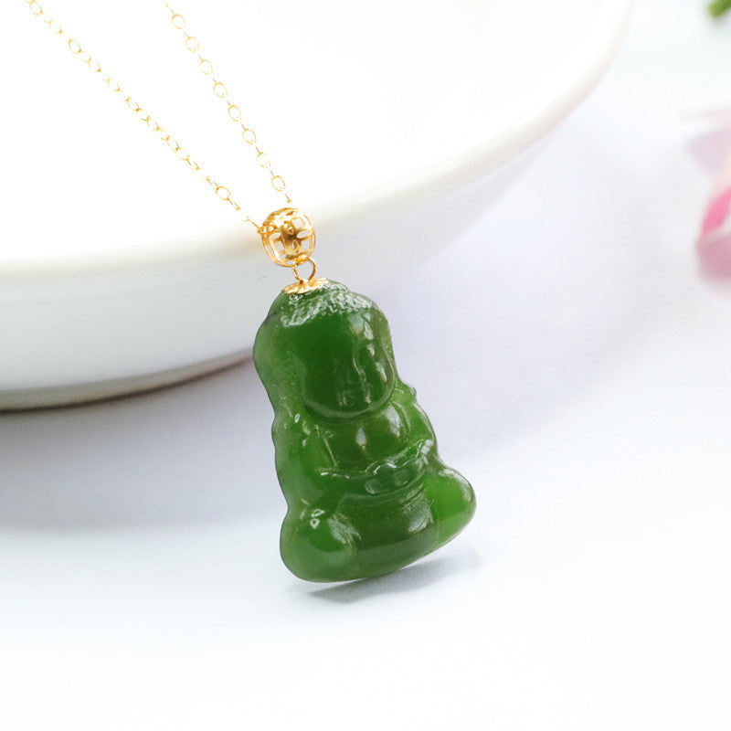Buddha Baby Jasper Pendant Necklace with Sterling Silver and Hetian Jade