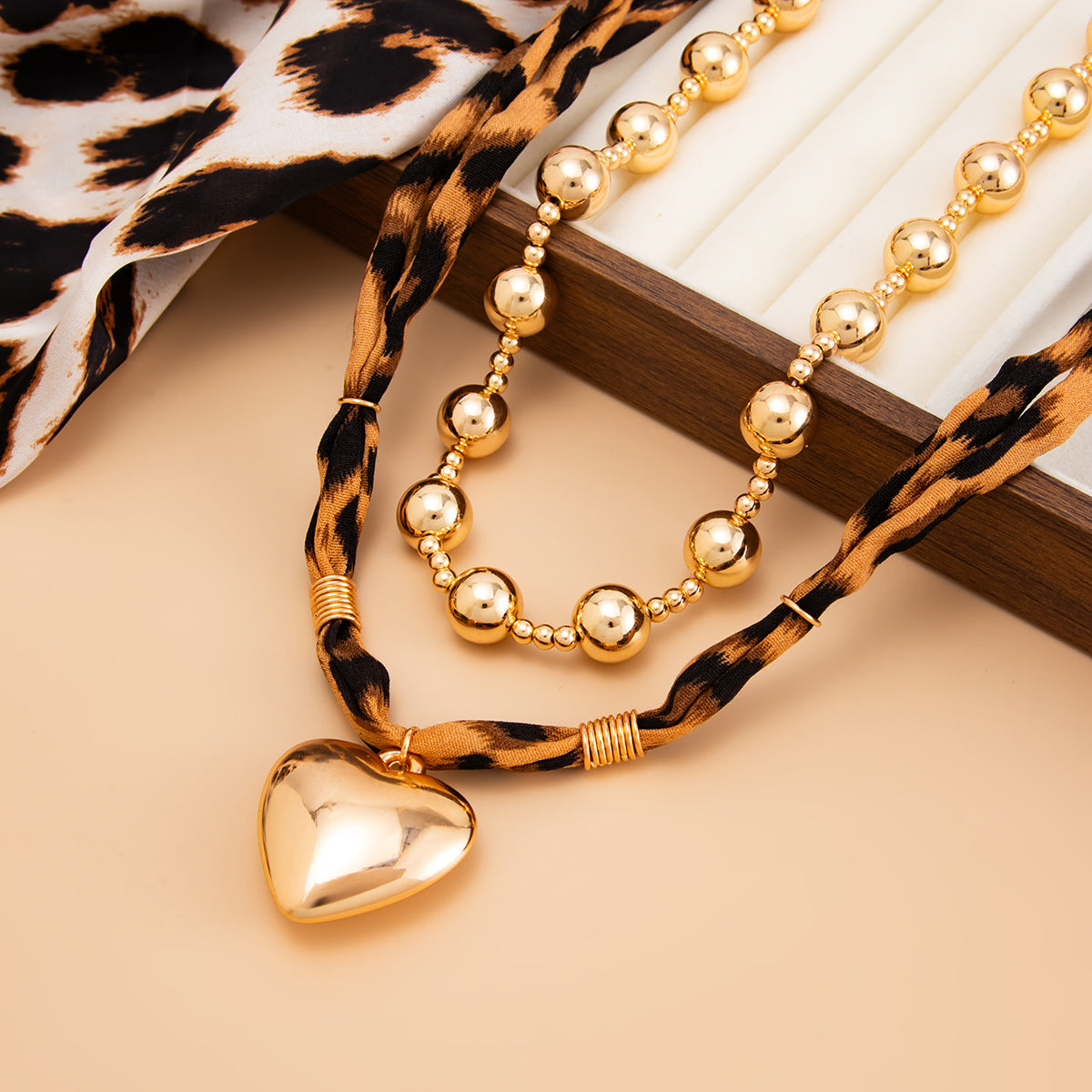 Retro Exaggerated Love Pendant Leopard Print Ccb Round Beads Stacked With Lava Necklace